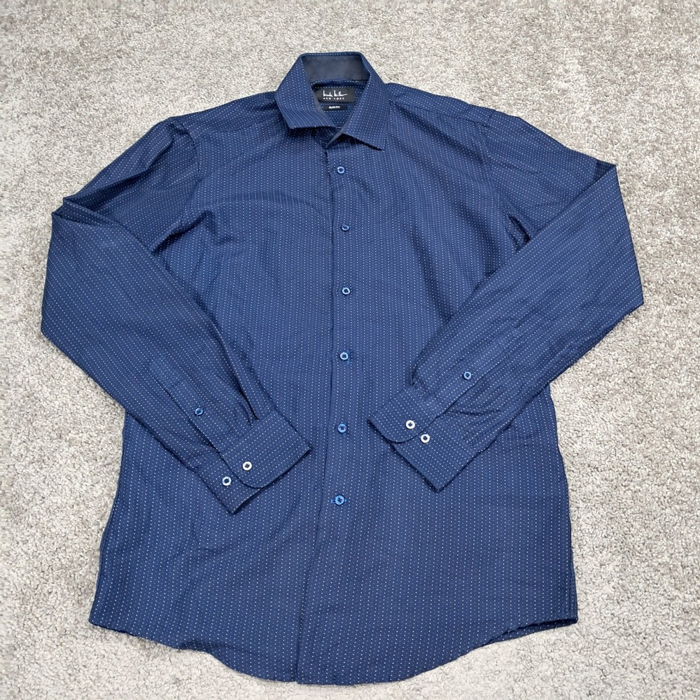 Nicole Miller New York Mens Slim Fit Blue‎ Micro Dot Button Down Shirt Size M